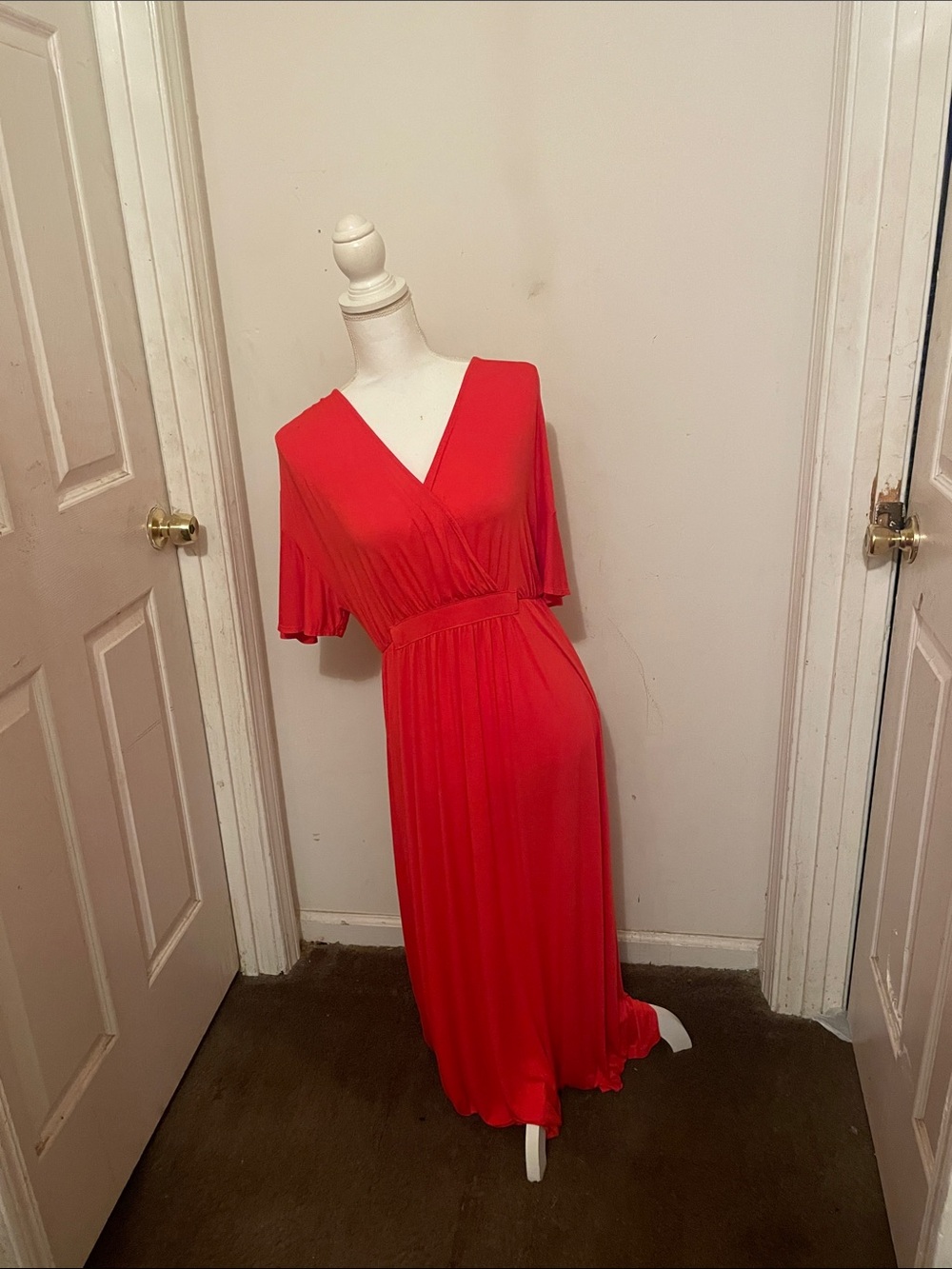 Red V-Neck Maxi Dress with Flutter Sleeves